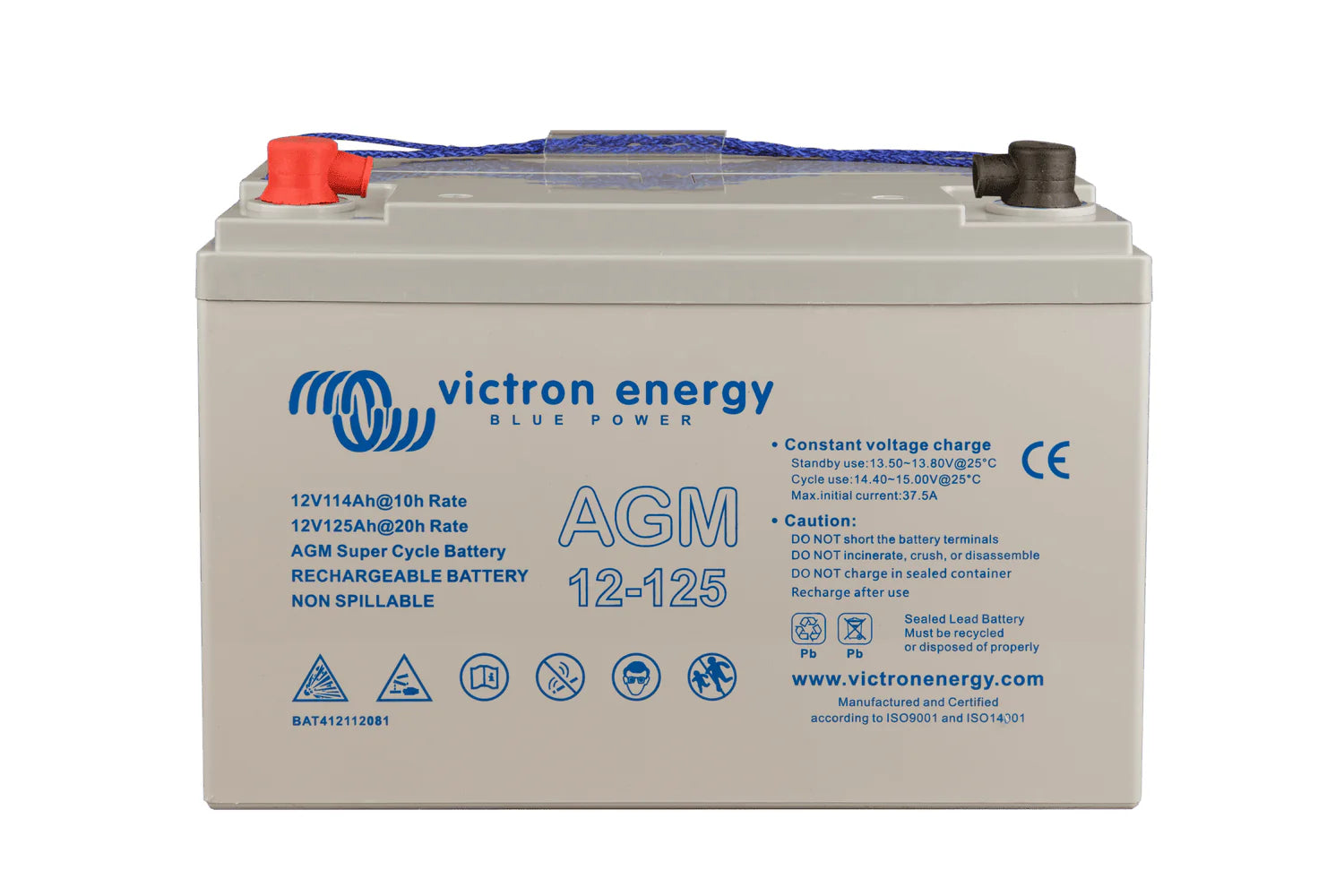 Victron 125Ah AGM battery with red and black protective terminal covers