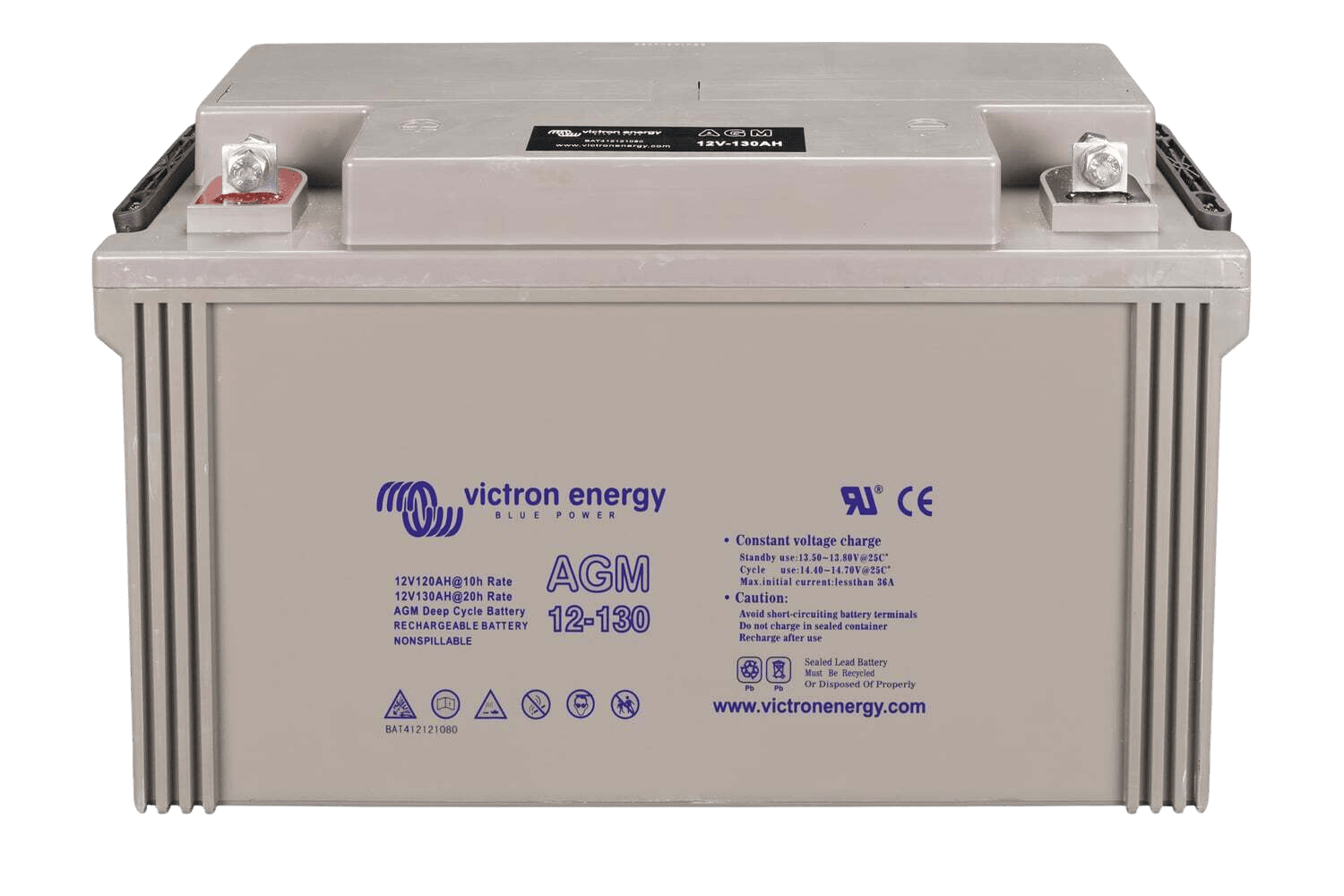 Top-angled view of Victron AGM battery showing bolt-down terminals and integrated carrying handles