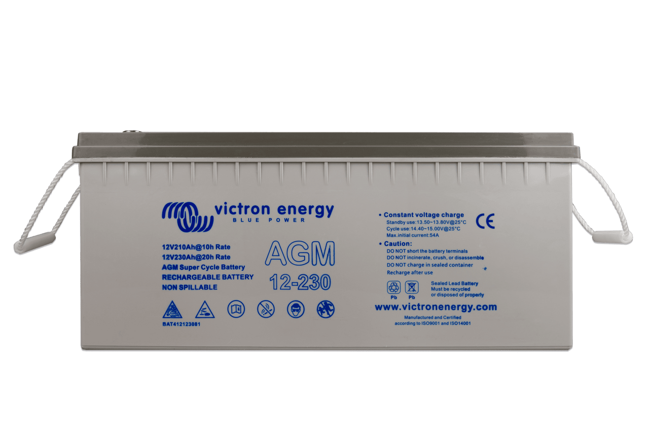 Front view of the grey Victron AGM 12-230 Super Cycle battery showing product details and specifications