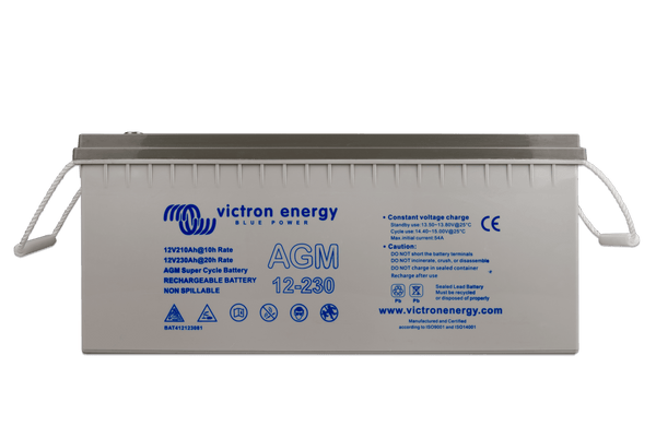 Front view of the grey Victron AGM 12-230 Super Cycle battery showing product details and specifications