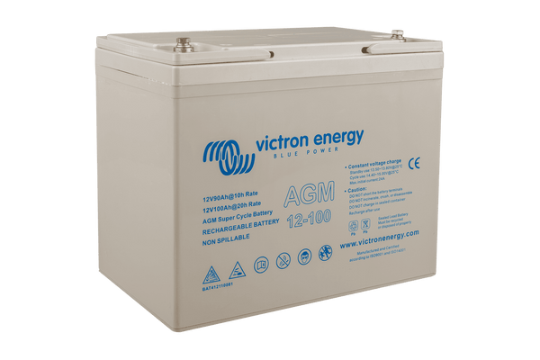 Angled perspective of the Victron 12V 100Ah AGM Super Cycle battery showing terminal placement and compact design