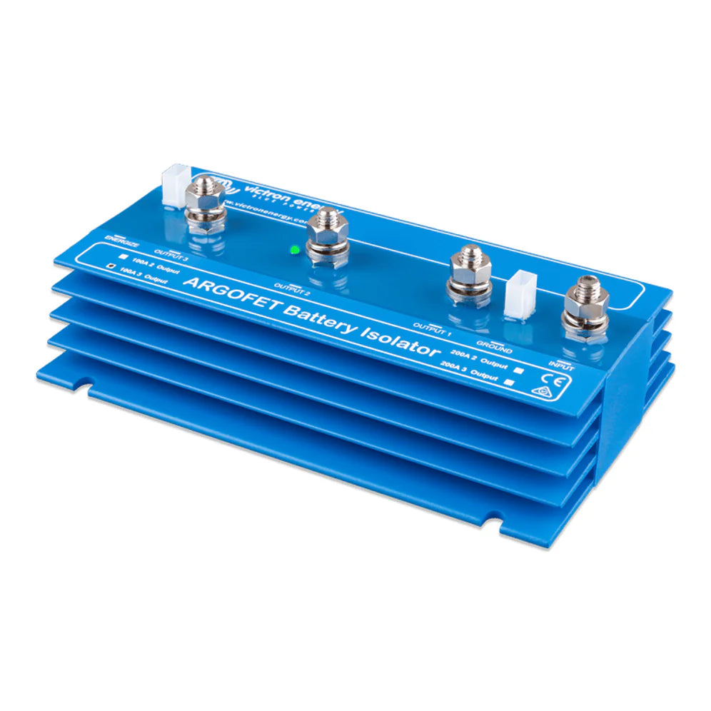 Perspective view of the Argo FET 100-3 battery isolator showing the cooling fins