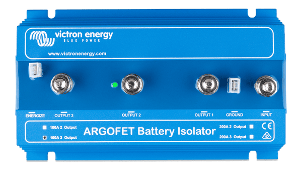 Top view of the battery isolator casing showing terminal labels and LED indicator