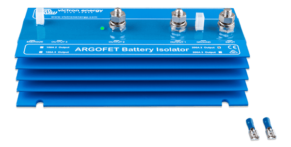 Victron Argo FET 200A battery isolator with blue aluminium heatsink and M8 terminals