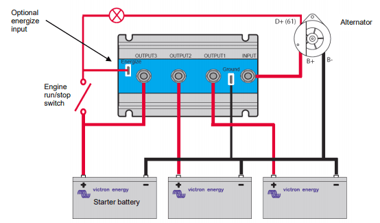 Wiring diagram for Victron Argo FET isolator connecting alternator to starter and auxiliary batteries