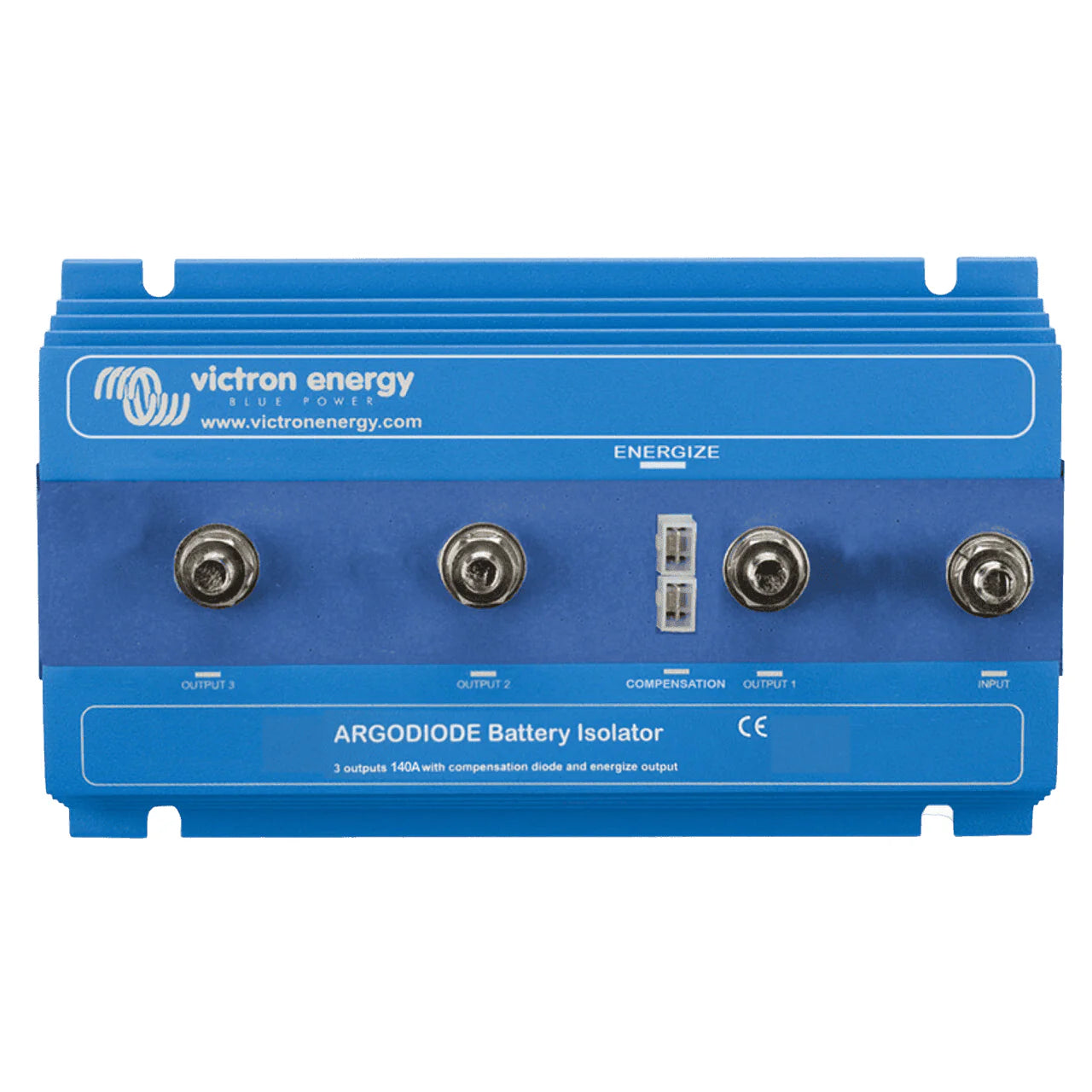 Front view of blue Victron Argodiode 140-3AC battery isolator showing M8 studs and energize terminals