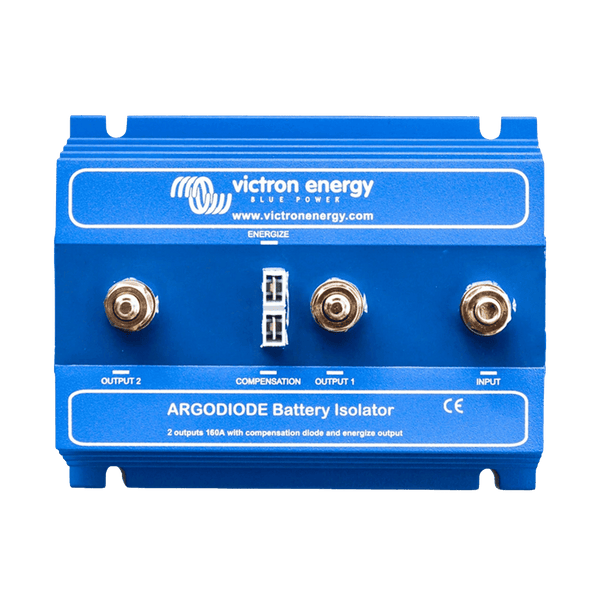 Blue Victron Argodiode 160A battery isolator with three large studs and central blade terminals