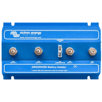 Front view of blue Victron Argodiode 180A battery isolator with four M8 studs and central spade terminals