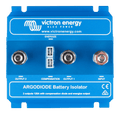Top view of a blue Victron Argodiode battery isolator with three M8 screw terminals and central plug