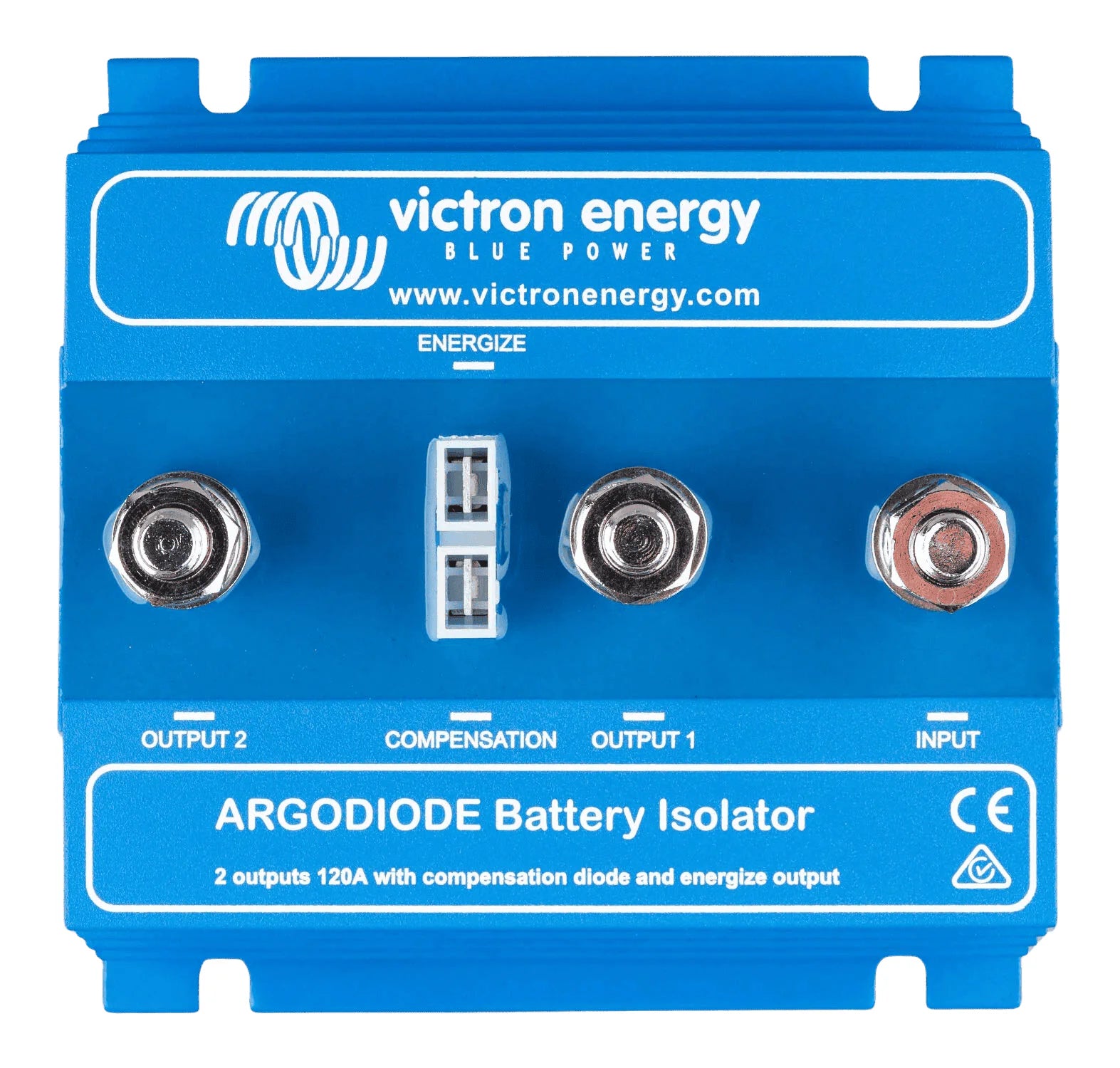 Top view of a blue Victron Argodiode battery isolator with three M8 screw terminals and central plug