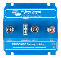 Top view of a blue Victron Argodiode battery isolator with three M8 screw terminals and central plug