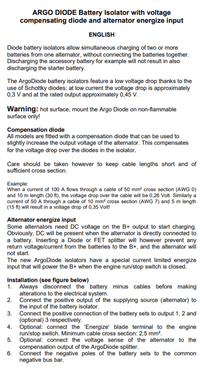 Technical features and installation guide text for the Victron Argo Diode battery isolator