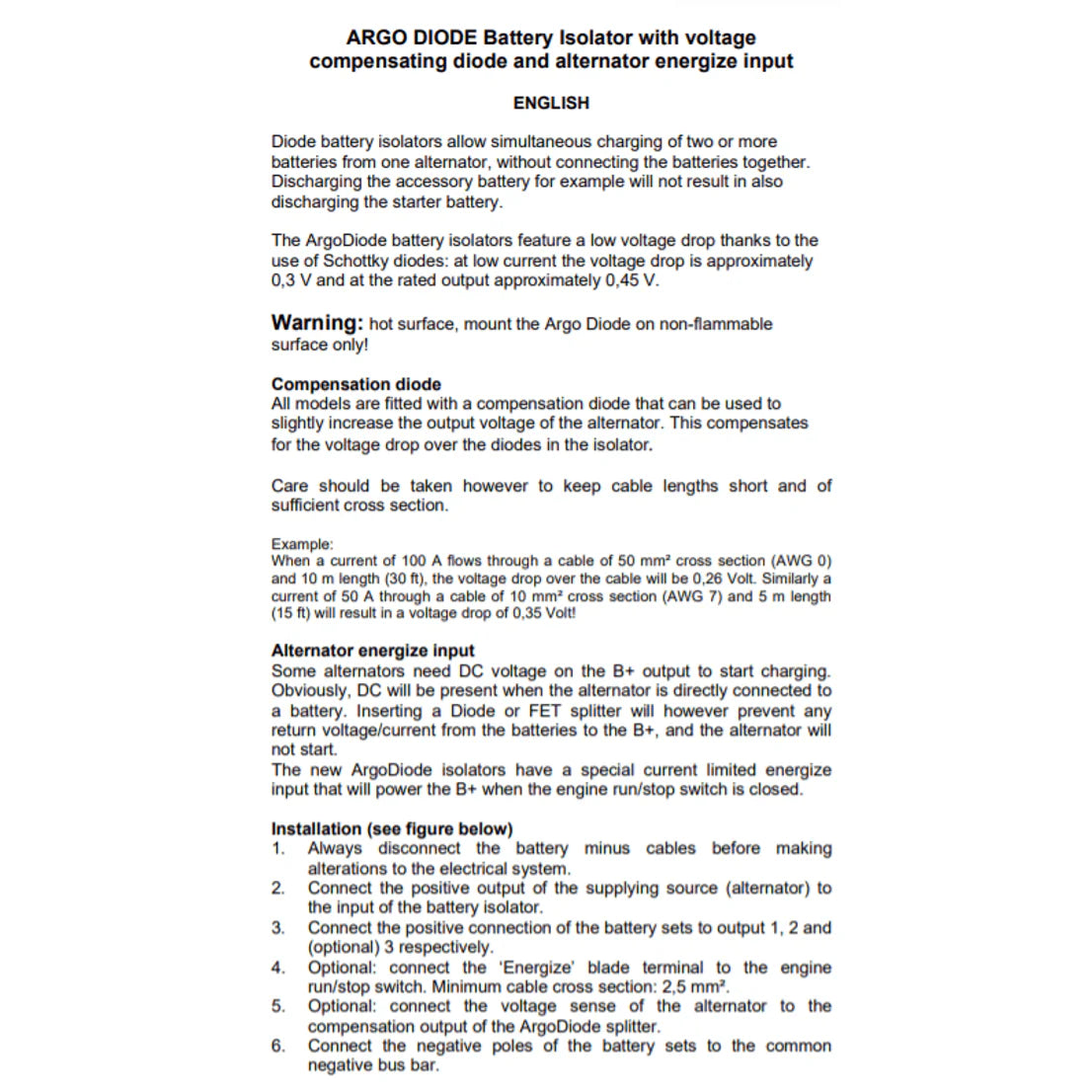 Technical features and installation guide text for the Victron Argo Diode battery isolator