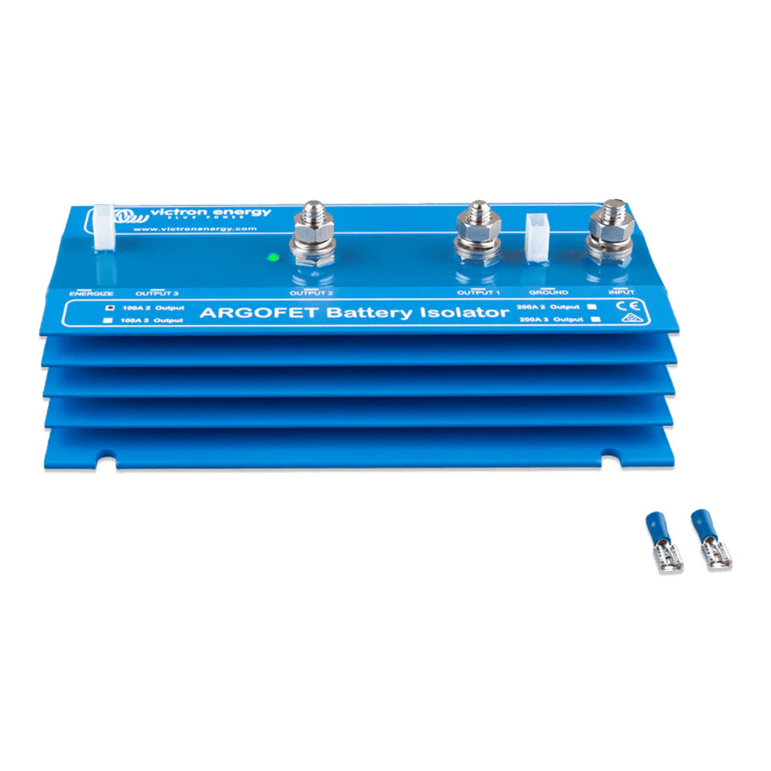 Victron Argofet 100-2 battery isolator with blue heatsink enclosure and crimp terminals