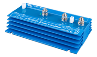 Left perspective view of the blue Victron Argofet battery isolator showing aluminium cooling fins