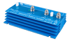 Left perspective view of the blue Victron Argofet battery isolator showing aluminium cooling fins