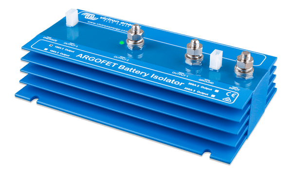 Left perspective view of the blue Victron Argofet battery isolator showing aluminium cooling fins