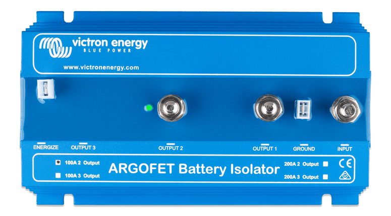 Top-down view of Argofet battery isolator showing connection labels and terminals