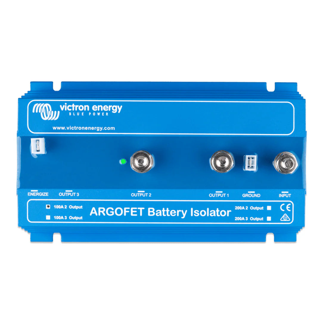 Top-down view of Argofet battery isolator showing connection labels and terminals