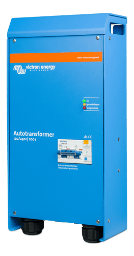 Right side perspective of blue powder-coated Victron 100A autotransformer enclosure