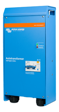 Right side perspective of blue powder-coated Victron 100A autotransformer enclosure