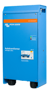 Right side perspective of blue powder-coated Victron 100A autotransformer enclosure