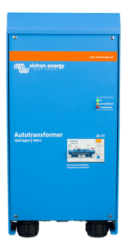 Front view of Victron Autotransformer 120/240V 100A with circuit breaker and LED status panel