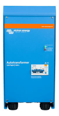 Front view of Victron Autotransformer 120/240V 100A with circuit breaker and LED status panel