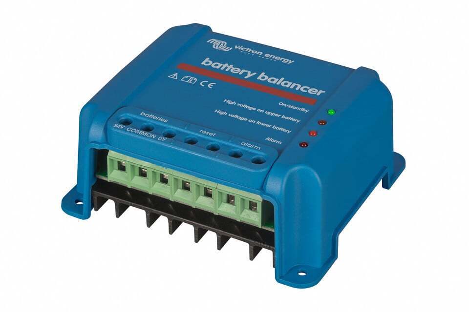 Perspective view of the Victron Battery Balancer showcasing mounting points and finish
