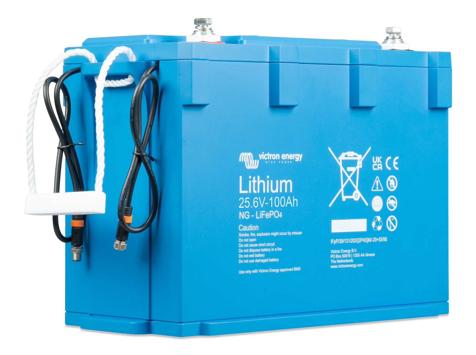 Close-up of integrated BMS communication cables on the 24V 100Ah lithium battery