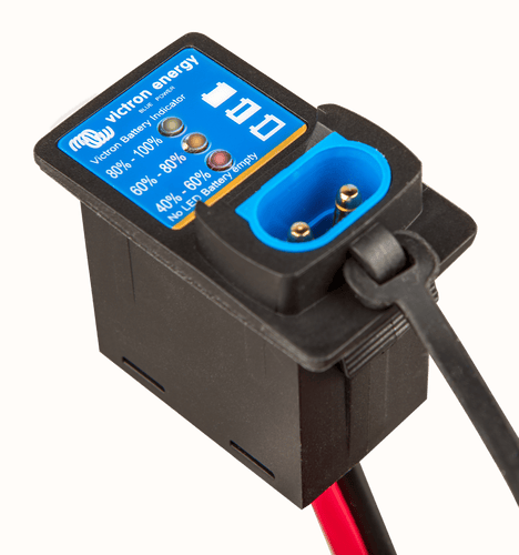 Close-up of battery indicator panel face and open charger connection socket