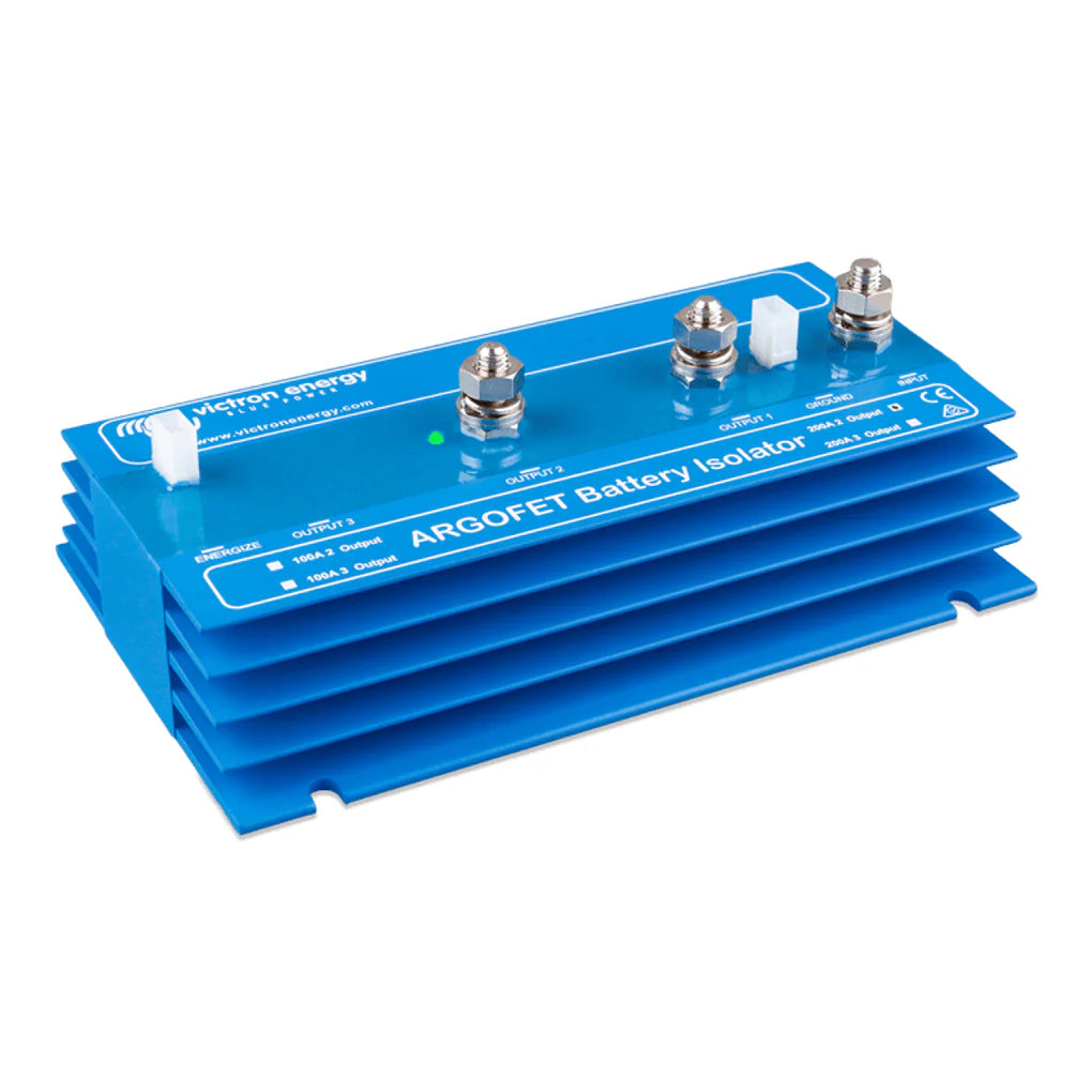 Victron battery isolator perspective view highlighting cooling fins and input connection