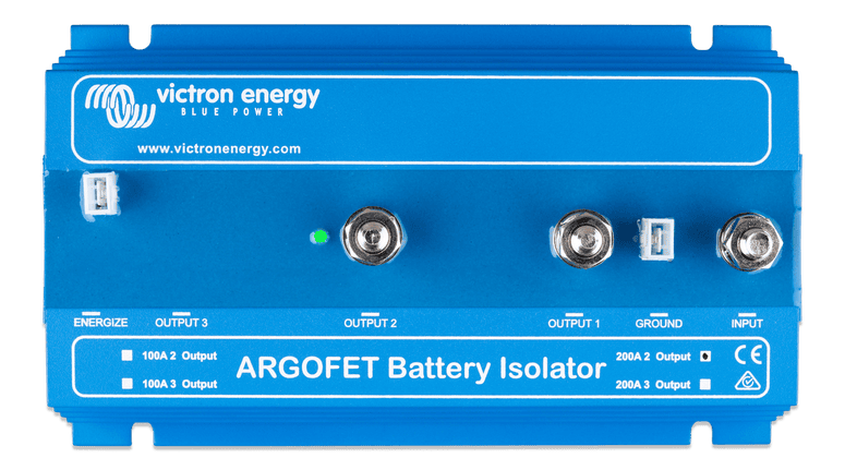 Top-down view of Victron 200A battery isolator terminal connections and indicator LED