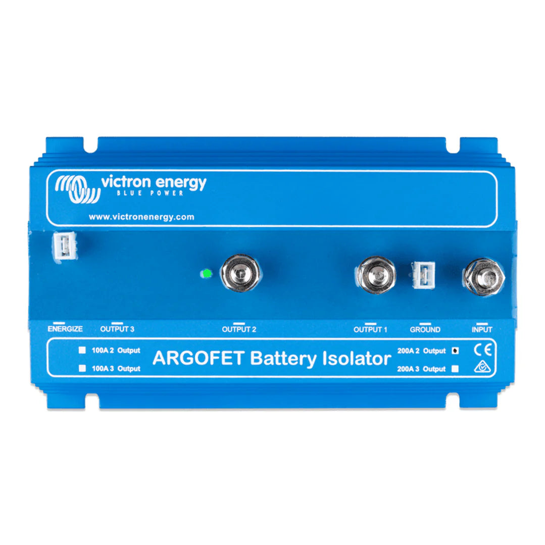 Top-down view of Victron 200A battery isolator terminal connections and indicator LED