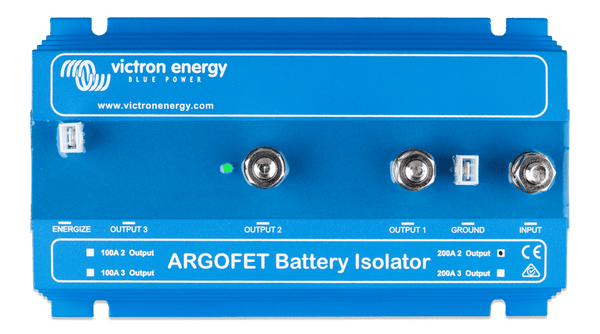 Top-down view of Victron 200A battery isolator terminal connections and indicator LED