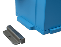 Close-up of a steel mounting bracket next to the blue lithium battery base