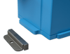 Close-up of a steel mounting bracket next to the blue lithium battery base