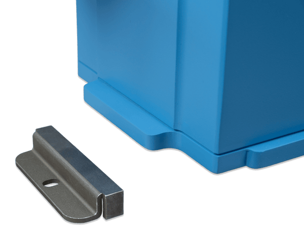Close-up of a steel mounting bracket next to the blue lithium battery base