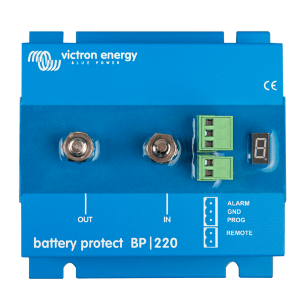 Top-down view of blue Victron Battery Protect 220A showing M8 terminals and digital display