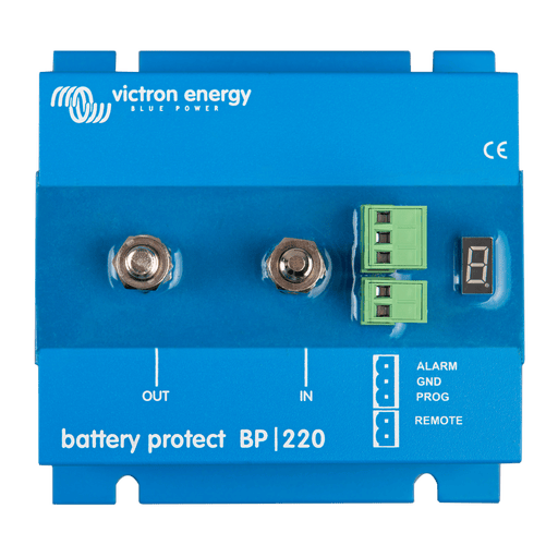 Top-down view of blue Victron Battery Protect 220A showing M8 terminals and digital display