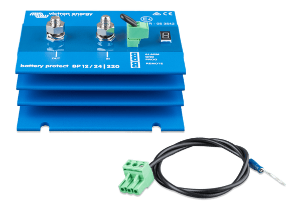 Victron 220A Battery Protect shown with included remote connection terminal and wire