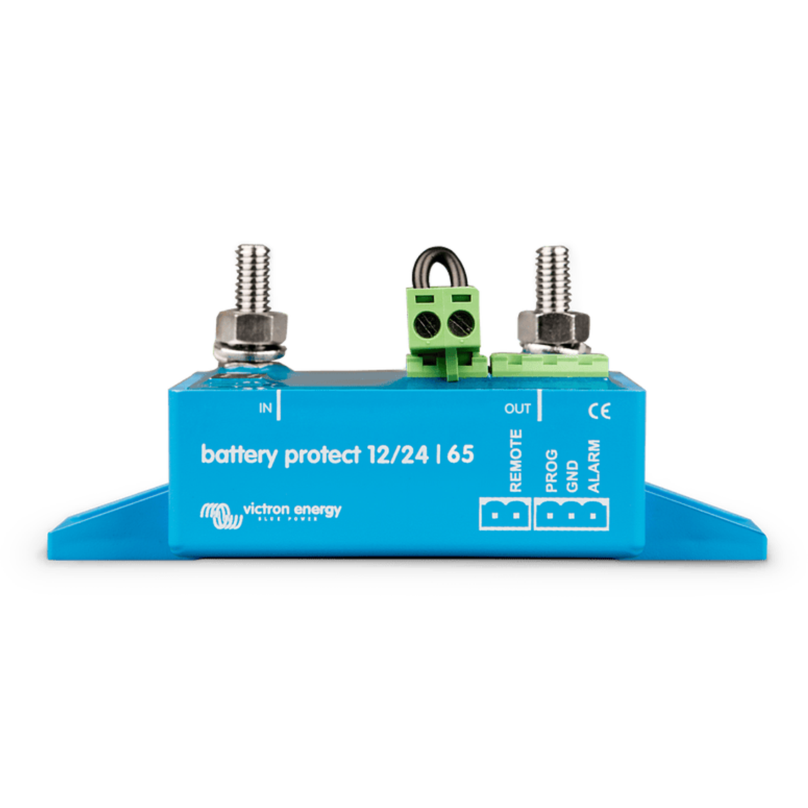 Front profile of Victron Battery Protect 65A showing M6 power studs and terminal interface