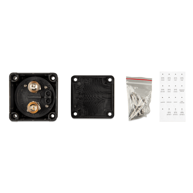 Rear view of battery switch with copper terminals, mounting screws, and labels