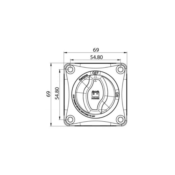 Dimensional drawing of the Victron 275A battery switch showing 69mm square dimensions