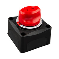 Isometric view of black Victron battery switch housing and red control knob