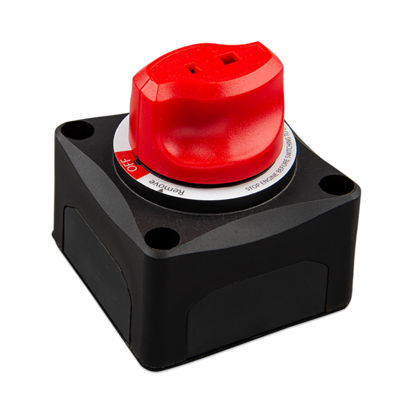 Isometric view of black Victron battery switch housing and red control knob