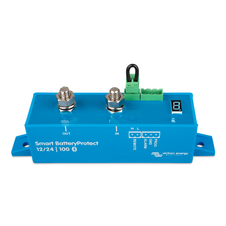 Front perspective of blue Victron BatteryProtect showing screw terminals and connection ports