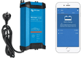 Blue battery charger with AU power plug and smartphone showing Bluetooth app interface