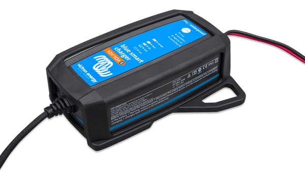 Victron Blue Smart Charger installed inside a black protective rubber bumper