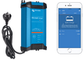 Blue smart battery charger with AU power plug and smartphone app interface